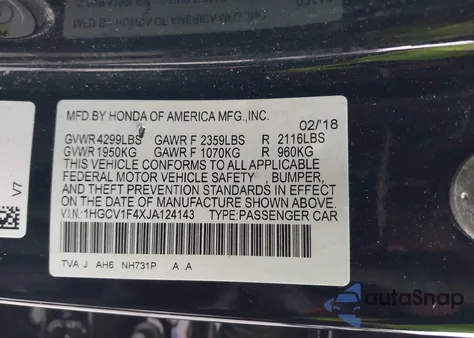 2018 Honda Accord Ex from USA, damaged, VIN 1HGCV1F4XJA124143